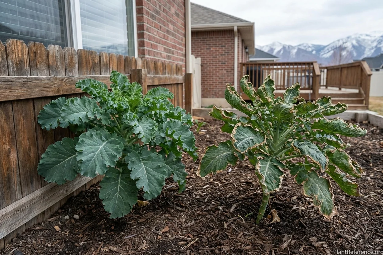 Comparison showing healthy protected kale plant next to wind-damaged plant demonstrating Denver's challenging conditions