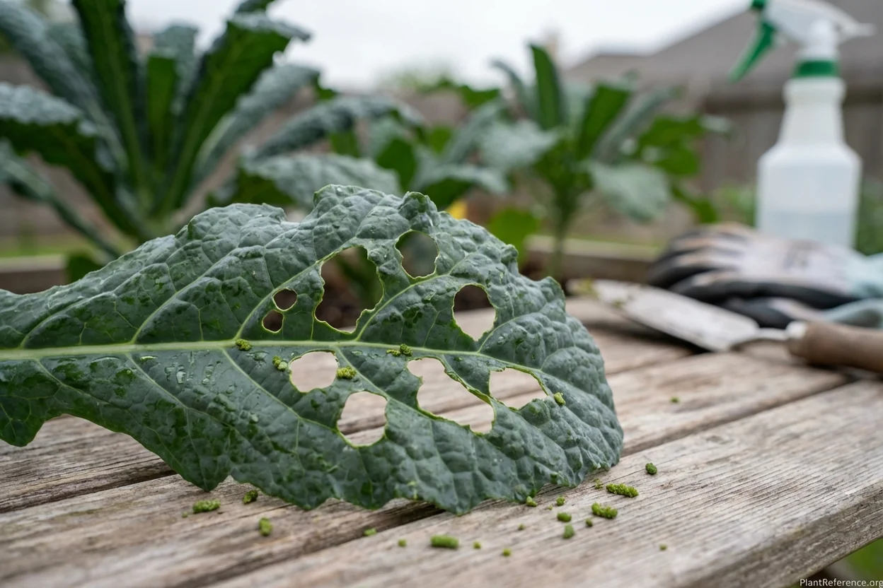 Cabbage worm damage on kale leaf showing typical pest problems in Houston Zone 9a gardens