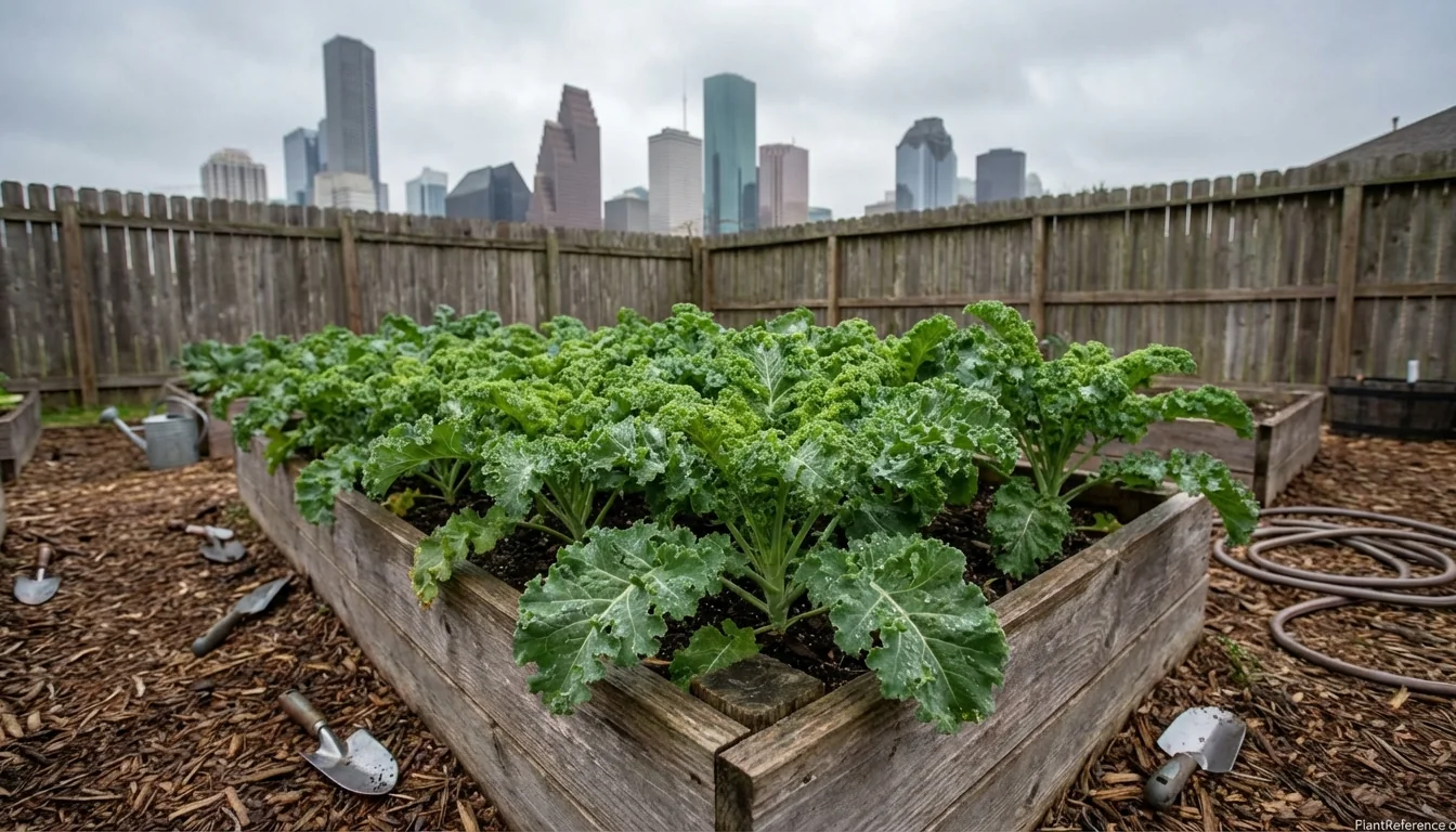 Healthy kale plants growing in Houston Zone 9a garden with city skyline visible in background during cool season