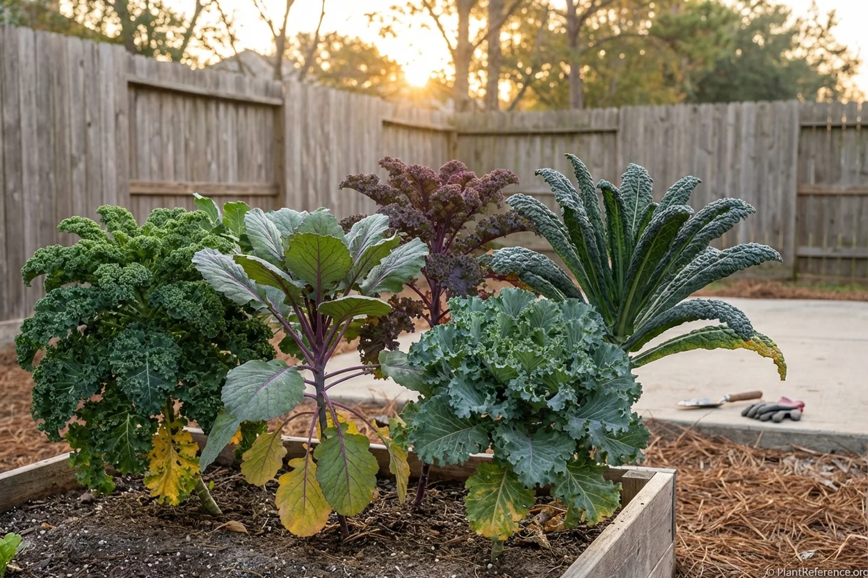 Five kale varieties {Brassica oleracea} growing in Houston Zone 9a garden showing different leaf types and growth habits