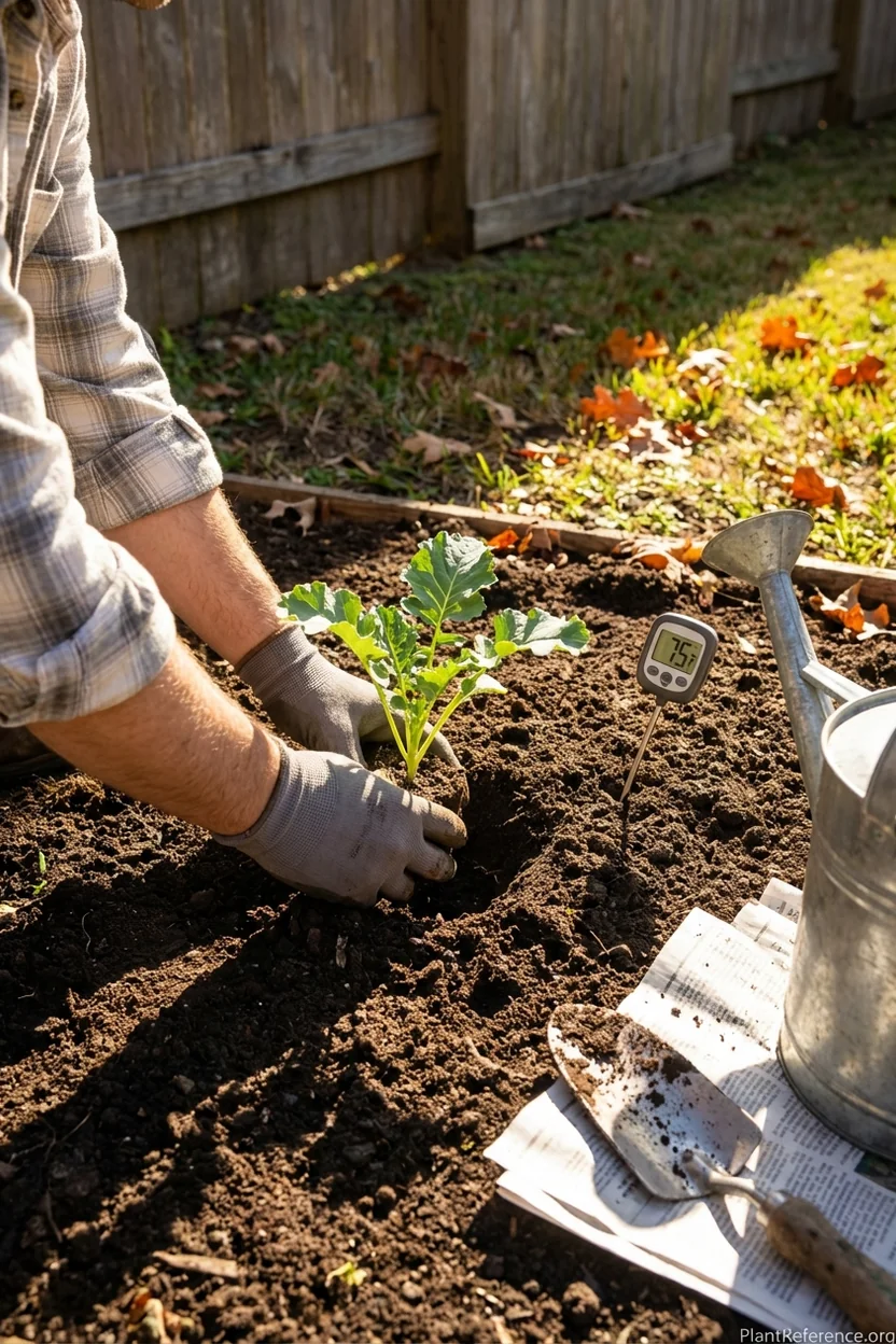 Gardener planting kale transplants in Houston Zone 9a garden during optimal October planting window