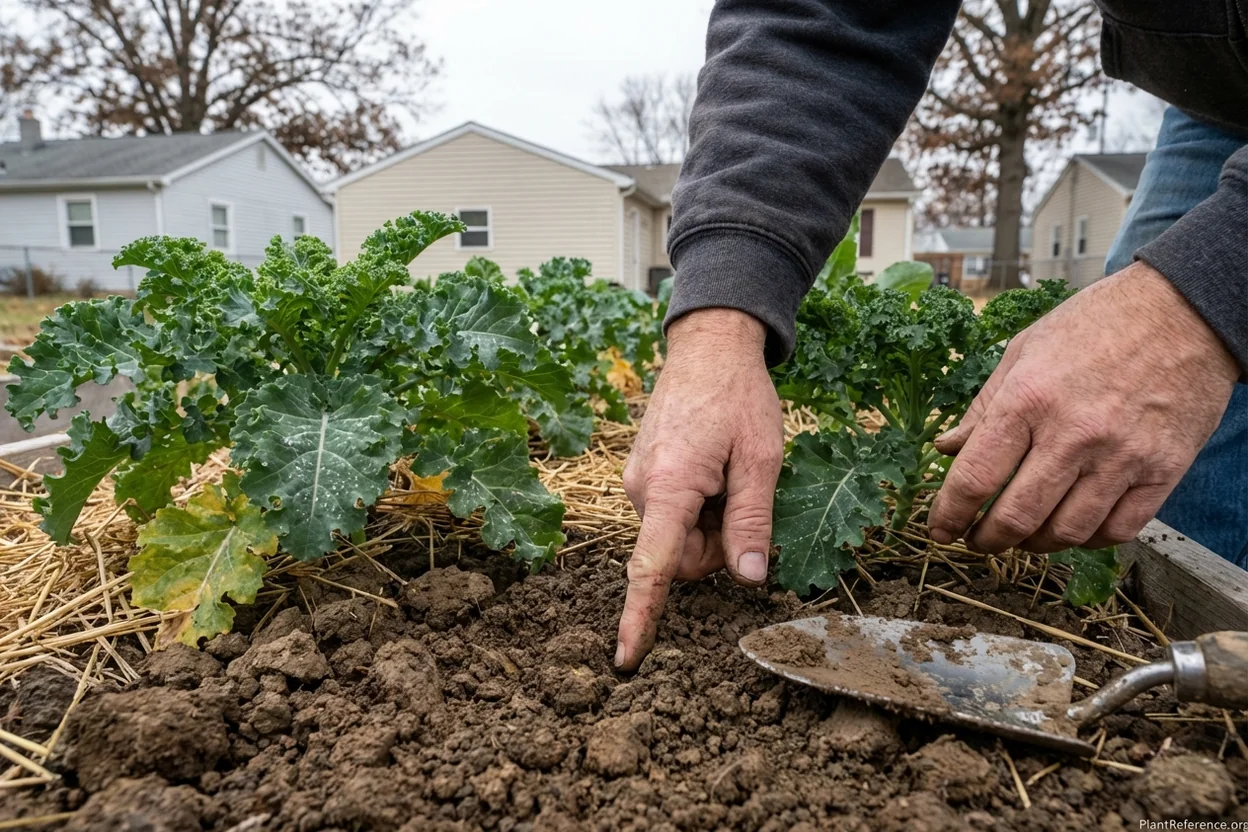 Testing soil moisture depth in Indianapolis kale garden bed for proper watering timing