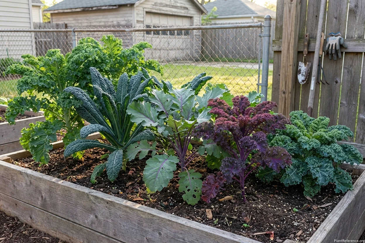 Five kale varieties comparison in Indianapolis Zone 5b garden showing Winterbor, Lacinato, Red Russian, Redbor, and Vates