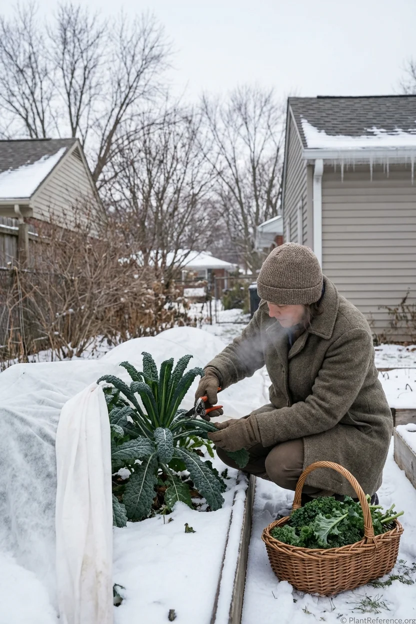 Winter kale harvest in Indianapolis with light snow showing cold weather growing success