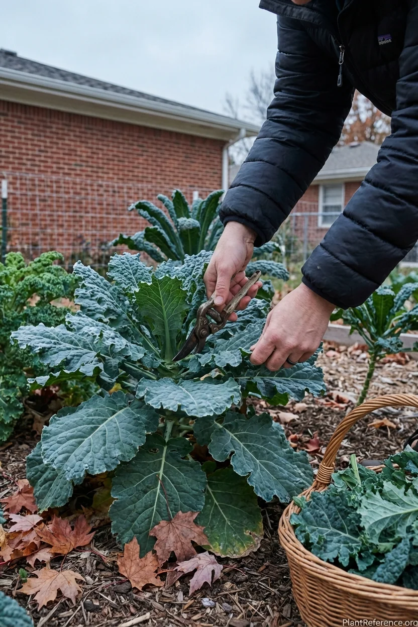 Kansas City gardener harvesting frost-sweetened kale in late October Zone 6a garden