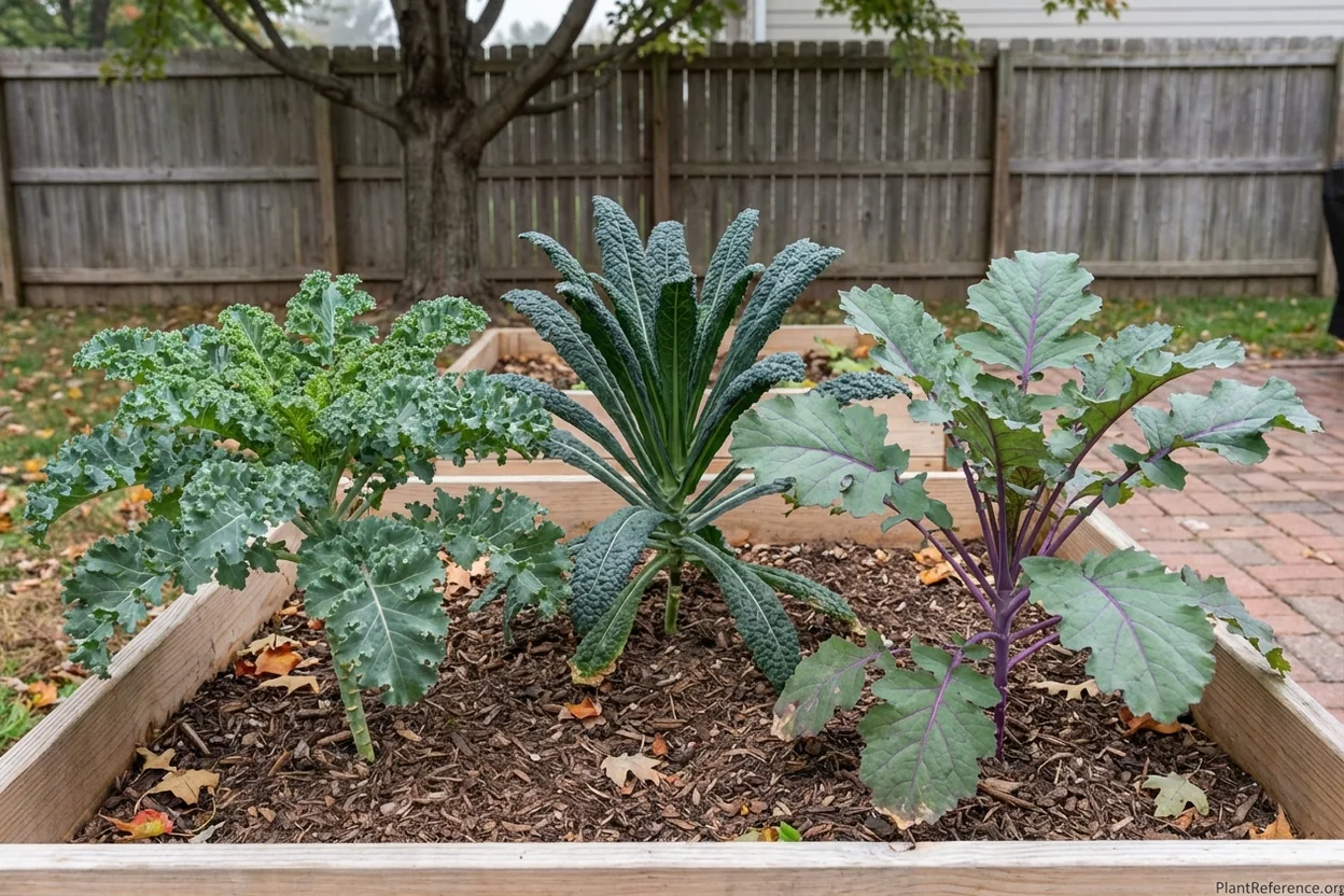 Winterbor, Lacinato, and Red Russian kale varieties growing in Kansas City Zone 6a garden