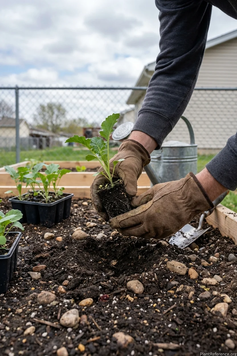 Transplanting kale seedlings in Kansas City garden during spring planting season
