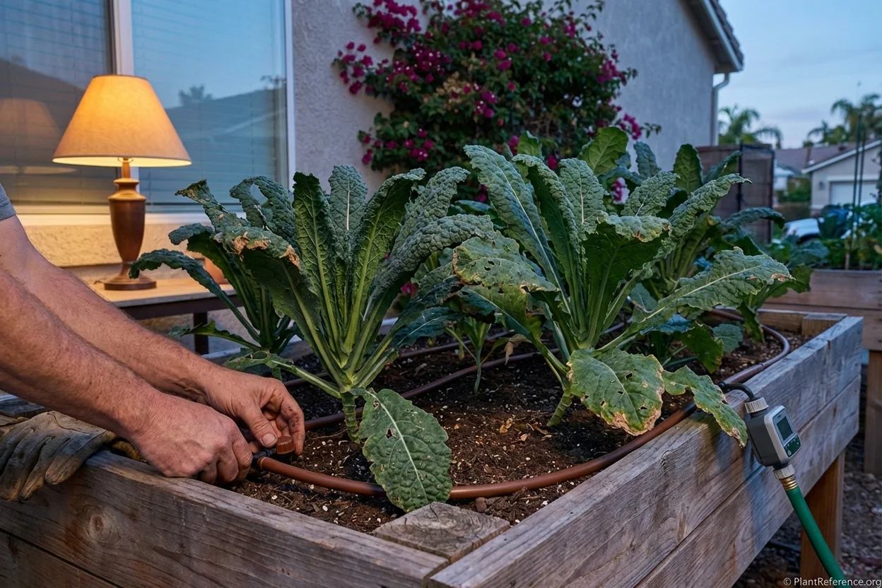 Mature kale plants in Los Angeles raised bed showing drip irrigation setup for consistent watering