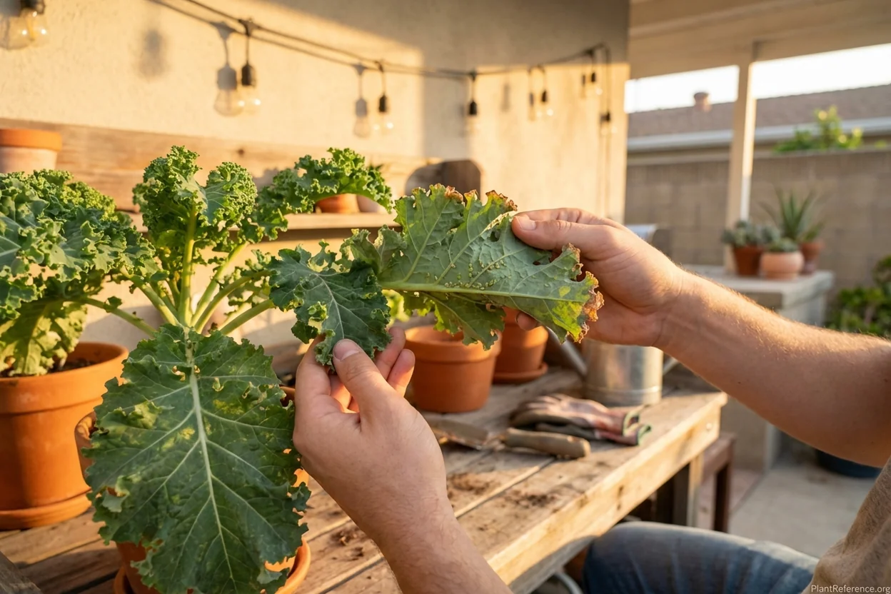 Kale leaves showing common Los Angeles problems including aphid damage and heat stress symptoms