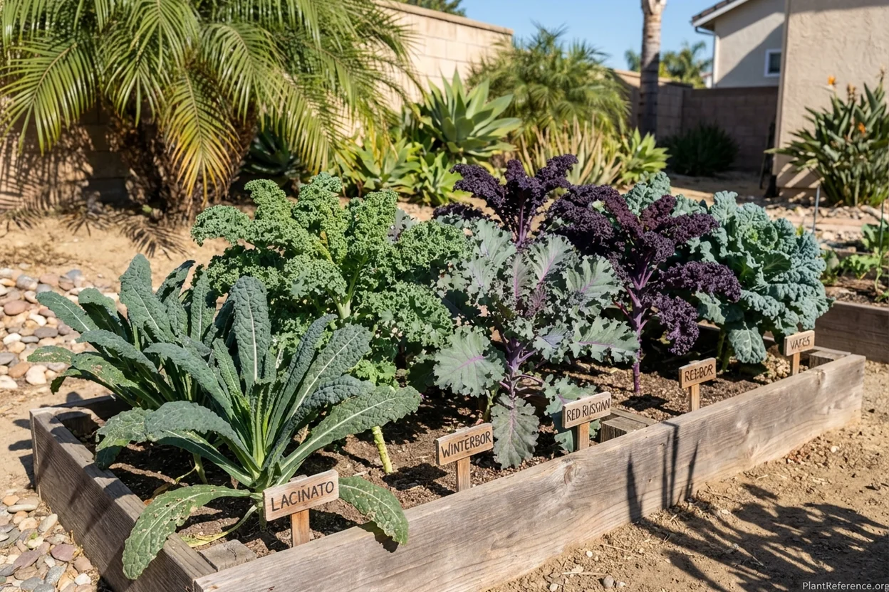 Five kale varieties growing in Los Angeles showing Red Russian, Lacinato, Winterbor, Redbor, and Vates side by side