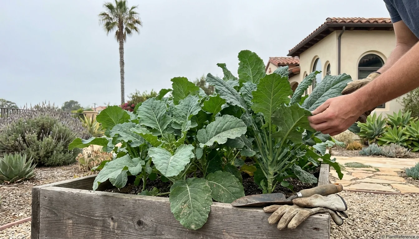 Kale plants growing year-round in Los Angeles Zone 10b garden with palm trees showing mild climate