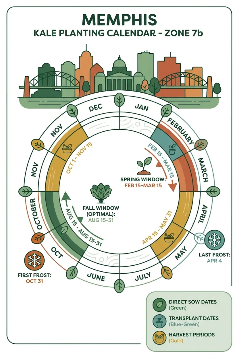 Memphis Tennessee kale planting calendar for Zone 7b with optimal timing marked