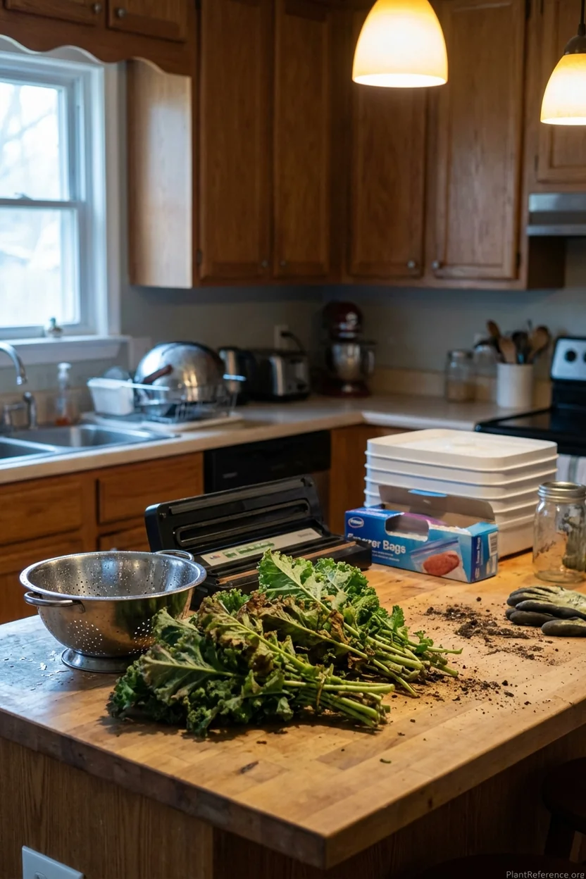 Memphis fresh kale harvest being prepared for storage with various preservation methods shown