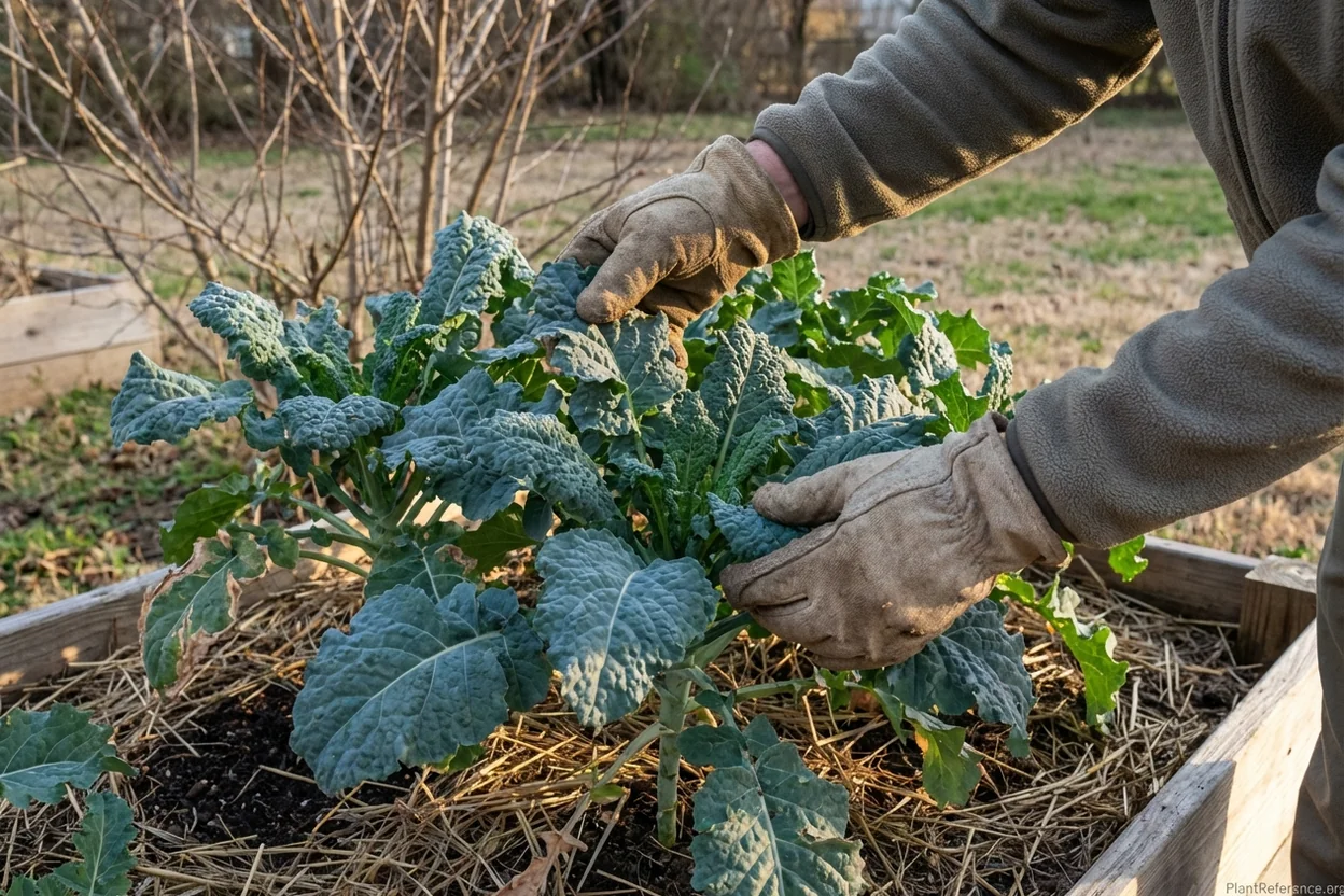 Memphis gardener examining Winterbor kale leaves in winter showing improved texture after frost