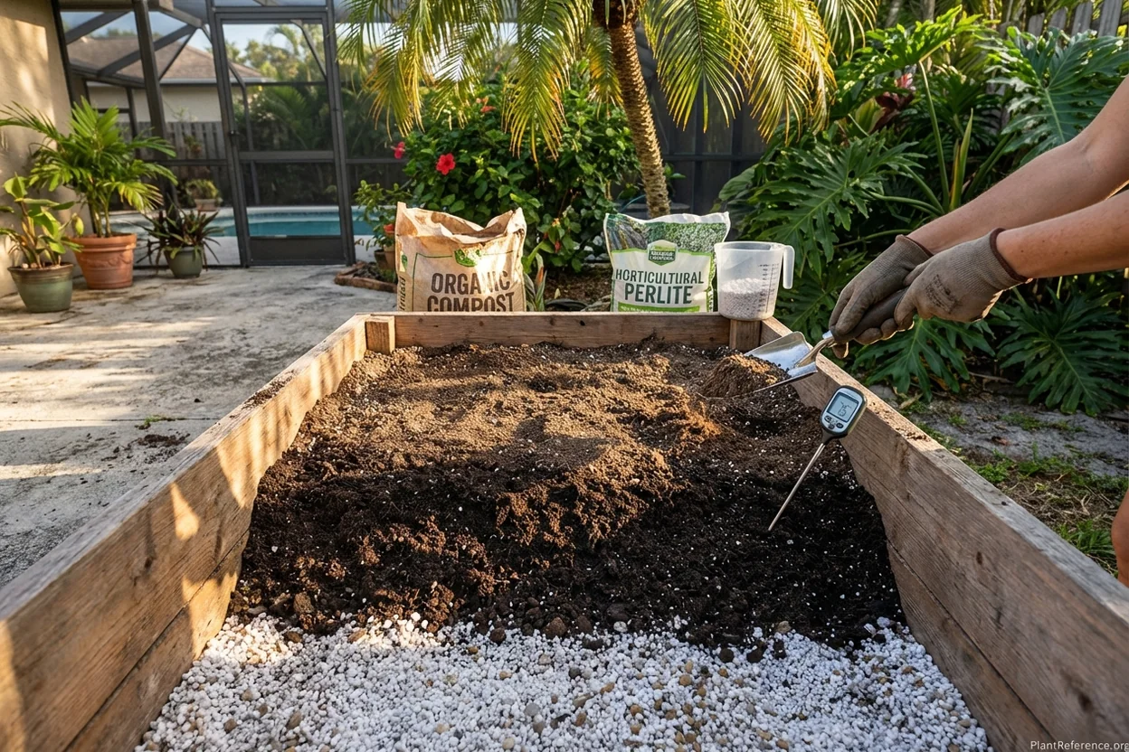 Raised bed soil preparation for kale growing in Miami Zone 10b conditions