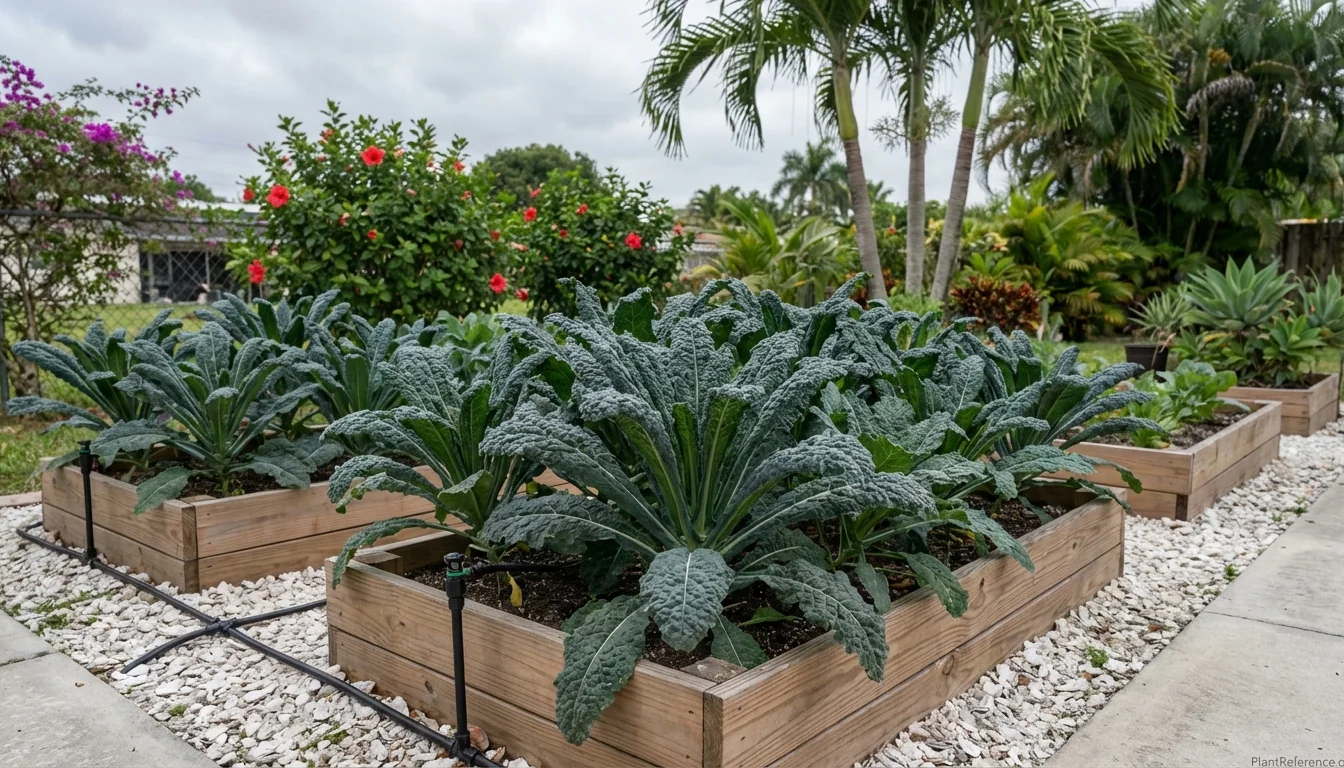Lacinato kale growing in Miami Zone 10b winter garden with palm trees in background