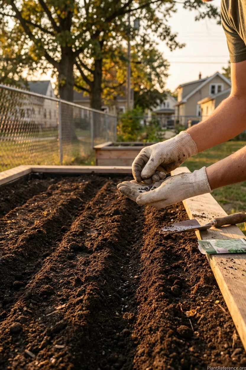Hands planting kale seeds in Milwaukee garden soil during optimal August planting time