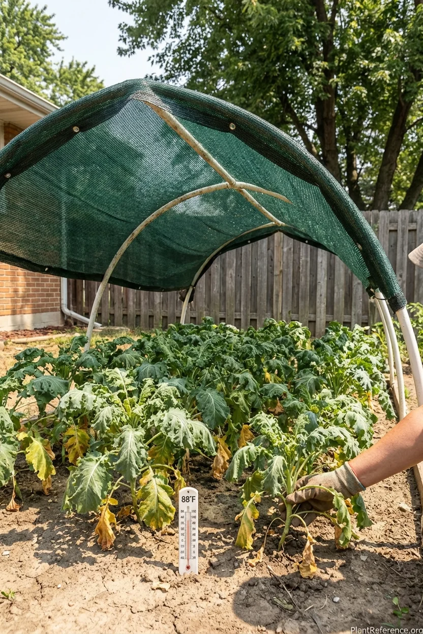 Milwaukee kale plants under shade cloth during summer heat stress protection