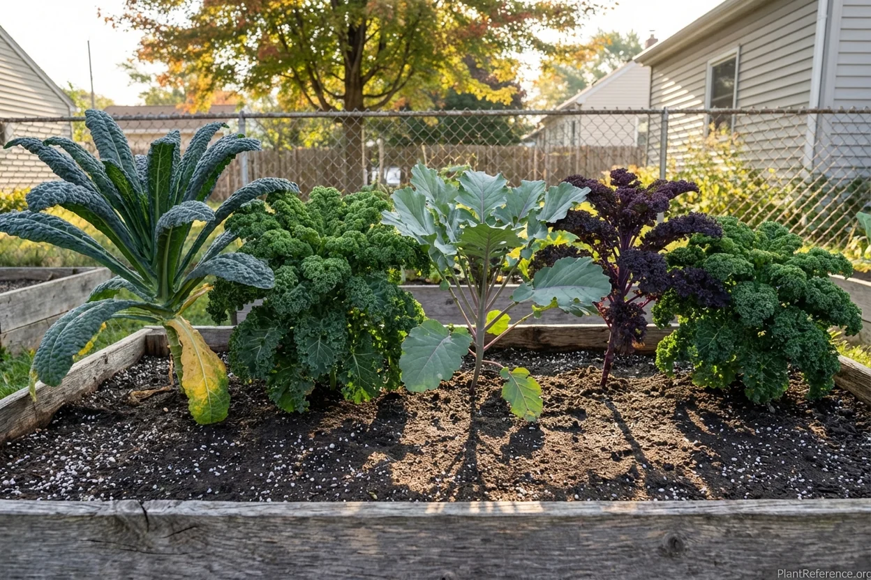 Five kale varieties growing in Milwaukee Zone 5b garden showing different leaf textures and colors