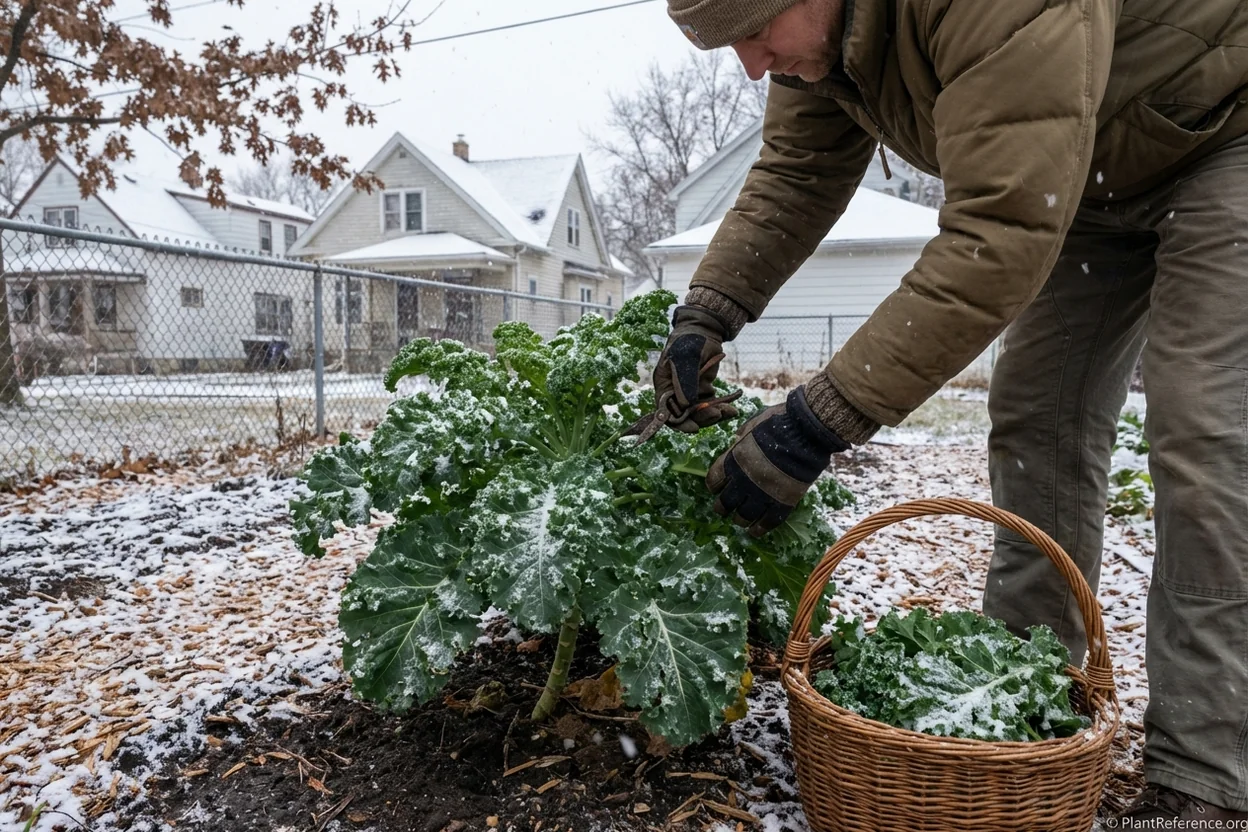 Harvesting sweet kale leaves in Milwaukee during November with first snow