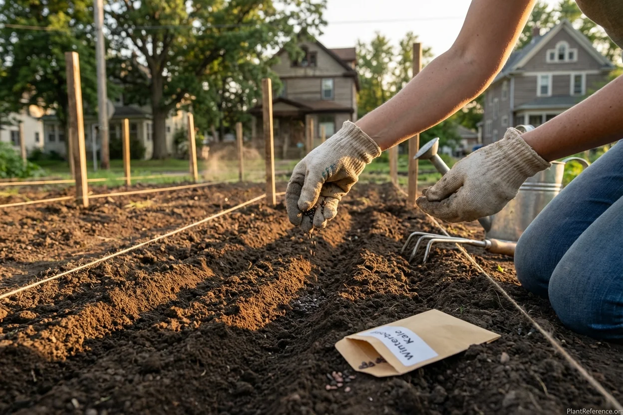 Hands planting kale seeds in Minneapolis garden soil during optimal July planting window