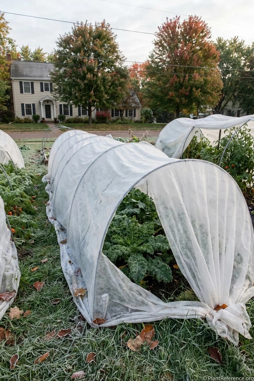 Row covers protecting kale plants from early Minneapolis frost in September garden