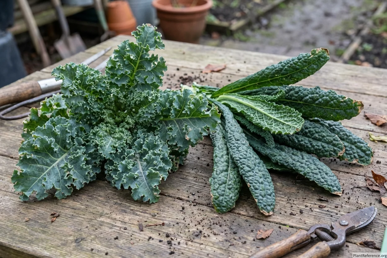 Winterbor curly kale and Lacinato flat kale varieties showing different leaf structures for Minneapolis gardens