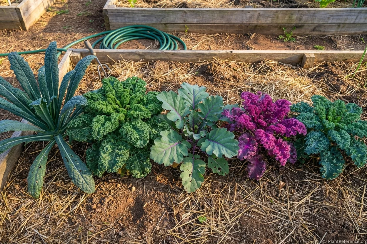 Five different kale varieties growing in Nashville Zone 7a garden showing leaf characteristics