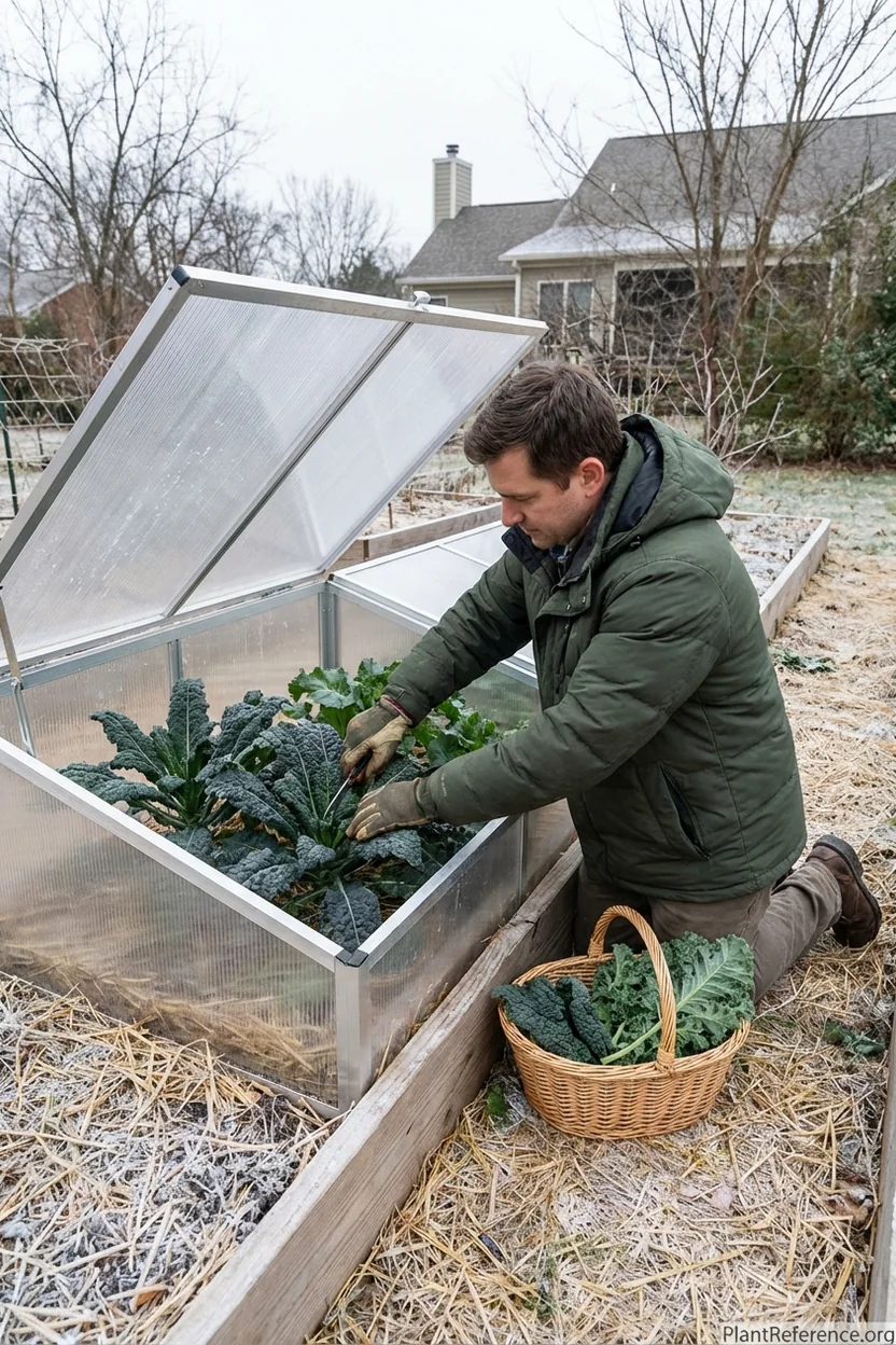 Winter kale harvest in Nashville using cold frame protection for extended season