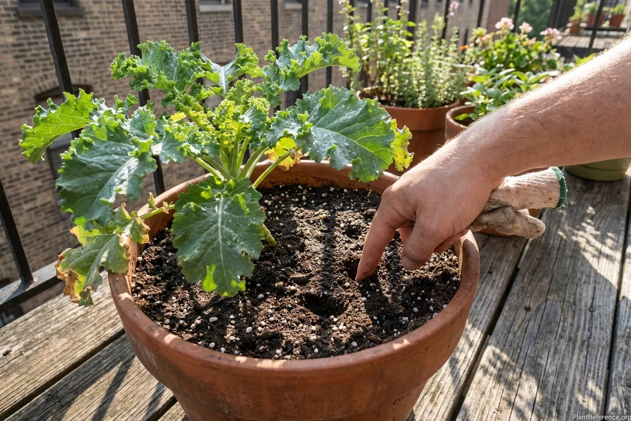 Testing soil moisture depth in kale container garden for proper New York urban growing