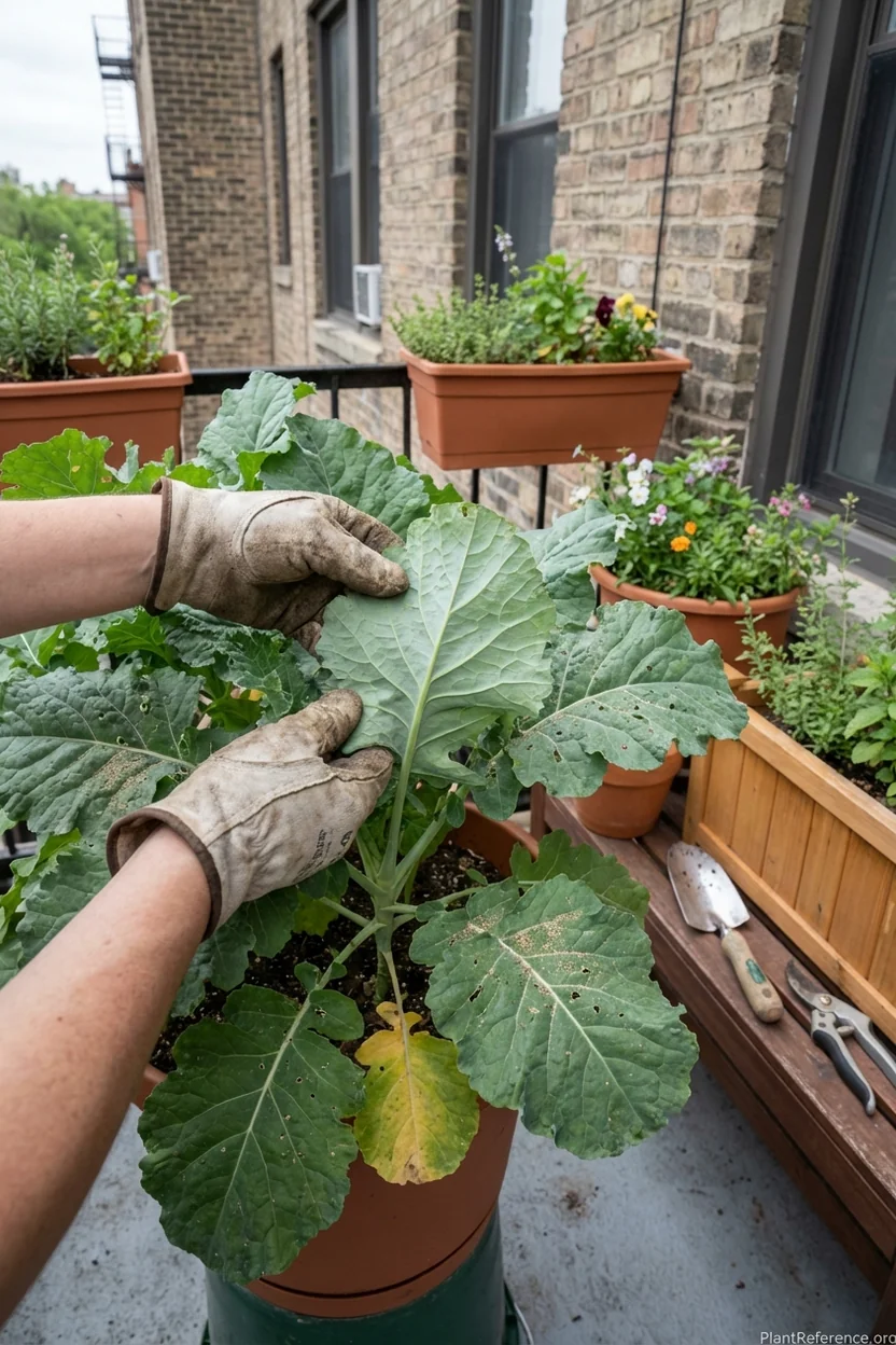 Examining kale leaves for pest damage in New York urban container garden setting