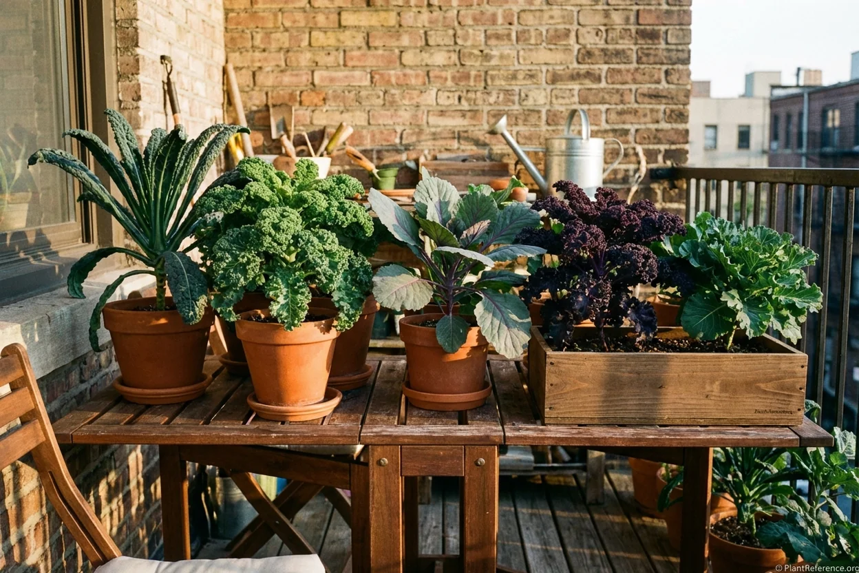 Five kale varieties comparison showing Lacinato, Winterbor, Red Russian, Redbor, and Vates growing in New York containers