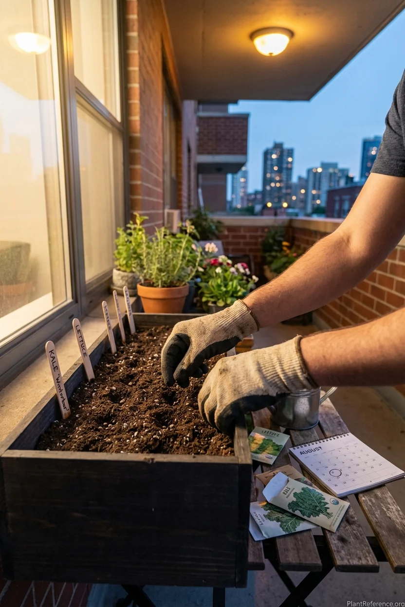 Hands planting kale seeds in New York container garden during optimal August planting window