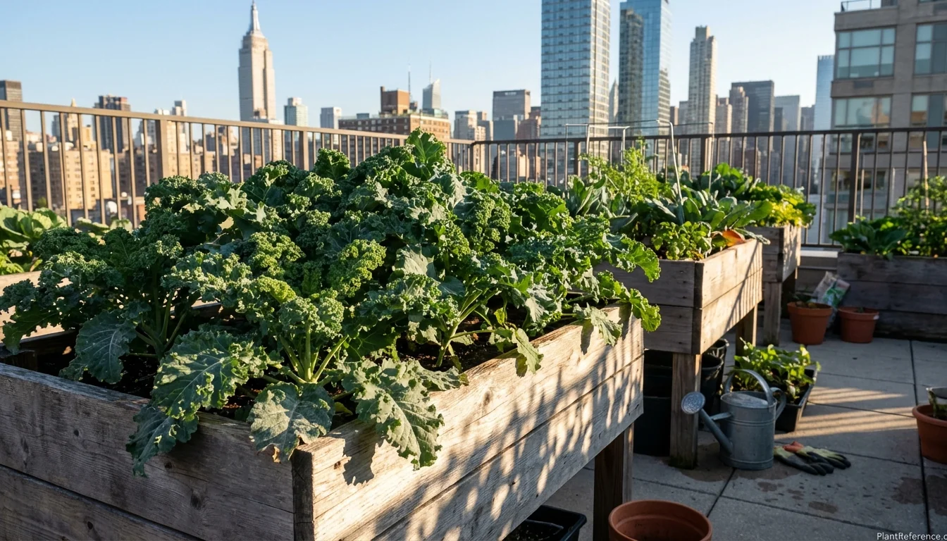 Kale growing in New York City rooftop garden with urban skyline showing when to plant kale in Zone 7a