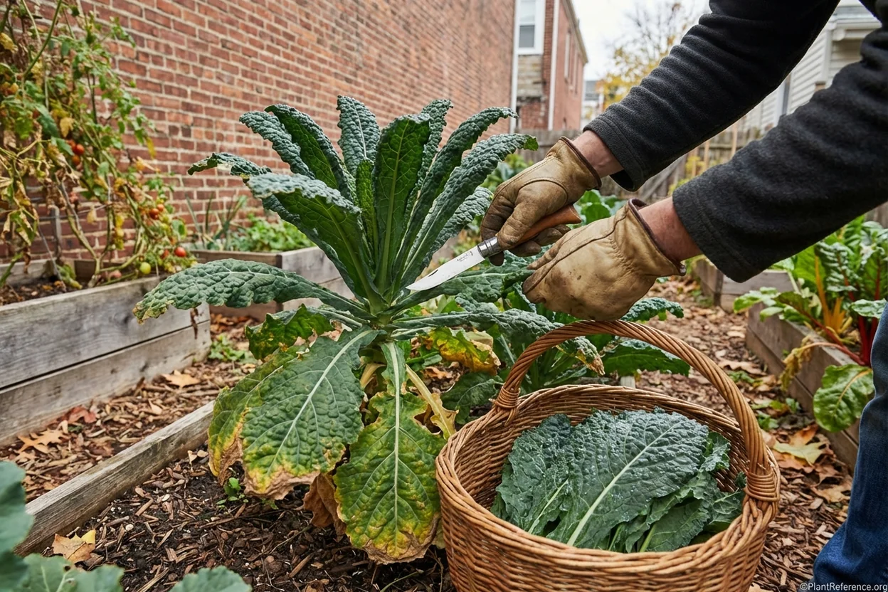 Proper kale harvesting technique in Philadelphia garden showing outer leaf removal