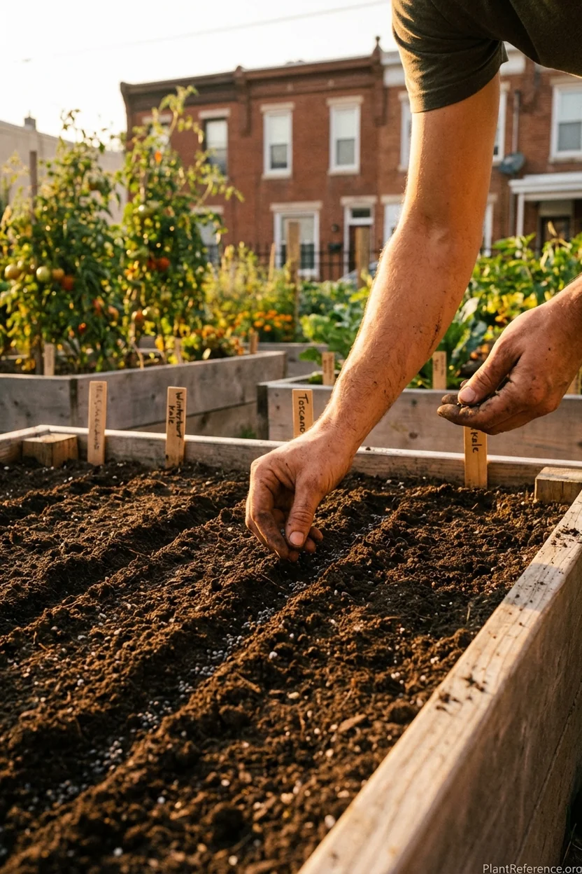 August kale planting in Philadelphia raised bed for fall harvest