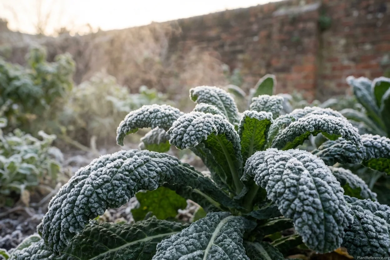 Winterbor kale with frost crystals showing cold hardiness in Philadelphia winter garden