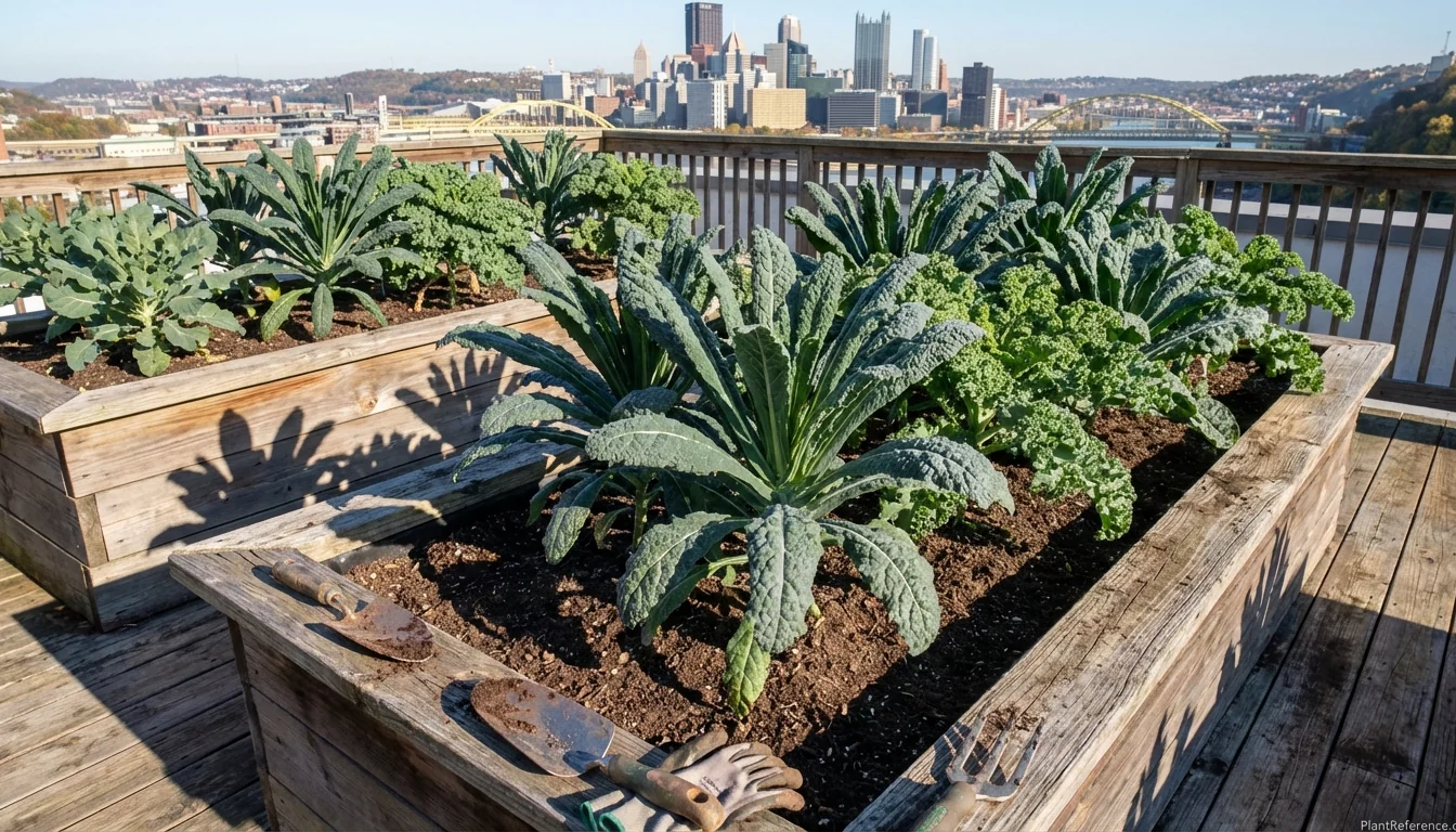 Kale growing in Pittsburgh home garden with city skyline background