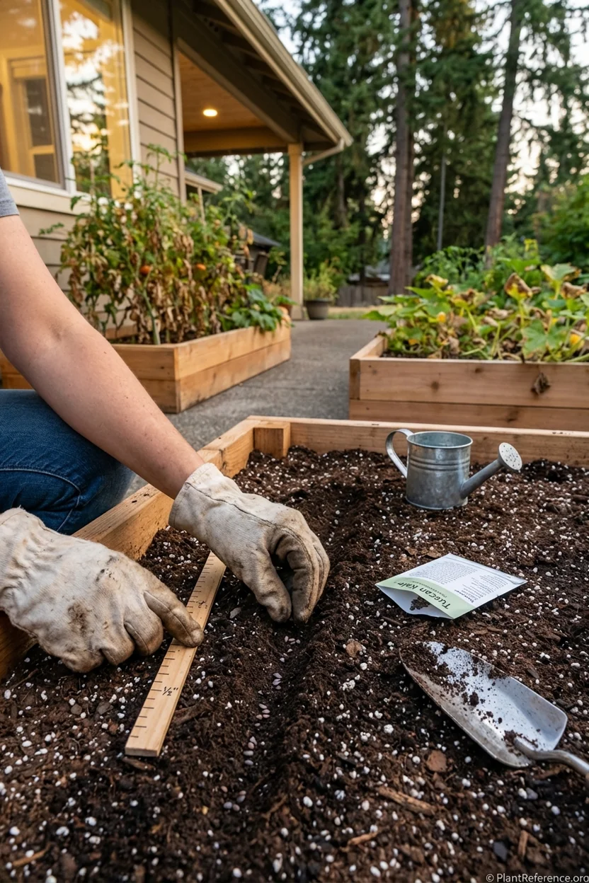 Planting kale seeds in Portland Oregon garden bed during optimal fall timing