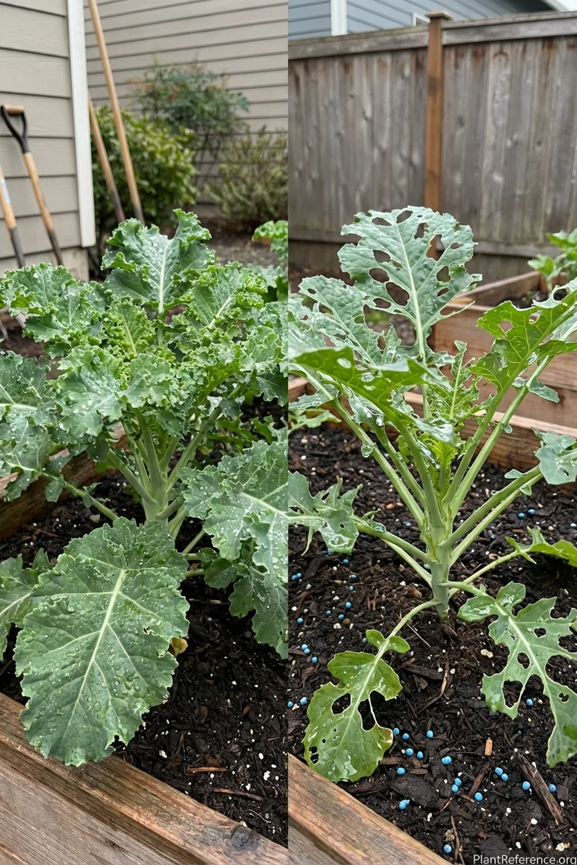 Healthy kale versus slug damaged kale plants showing Portland Pacific Northwest garden pest issues