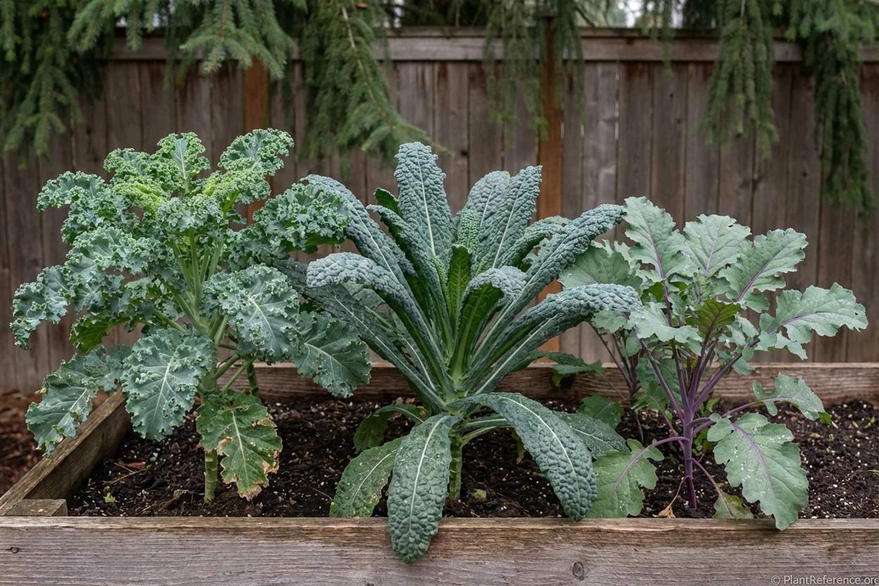 Winterbor, Lacinato, and Red Russian kale varieties growing in Portland Oregon garden