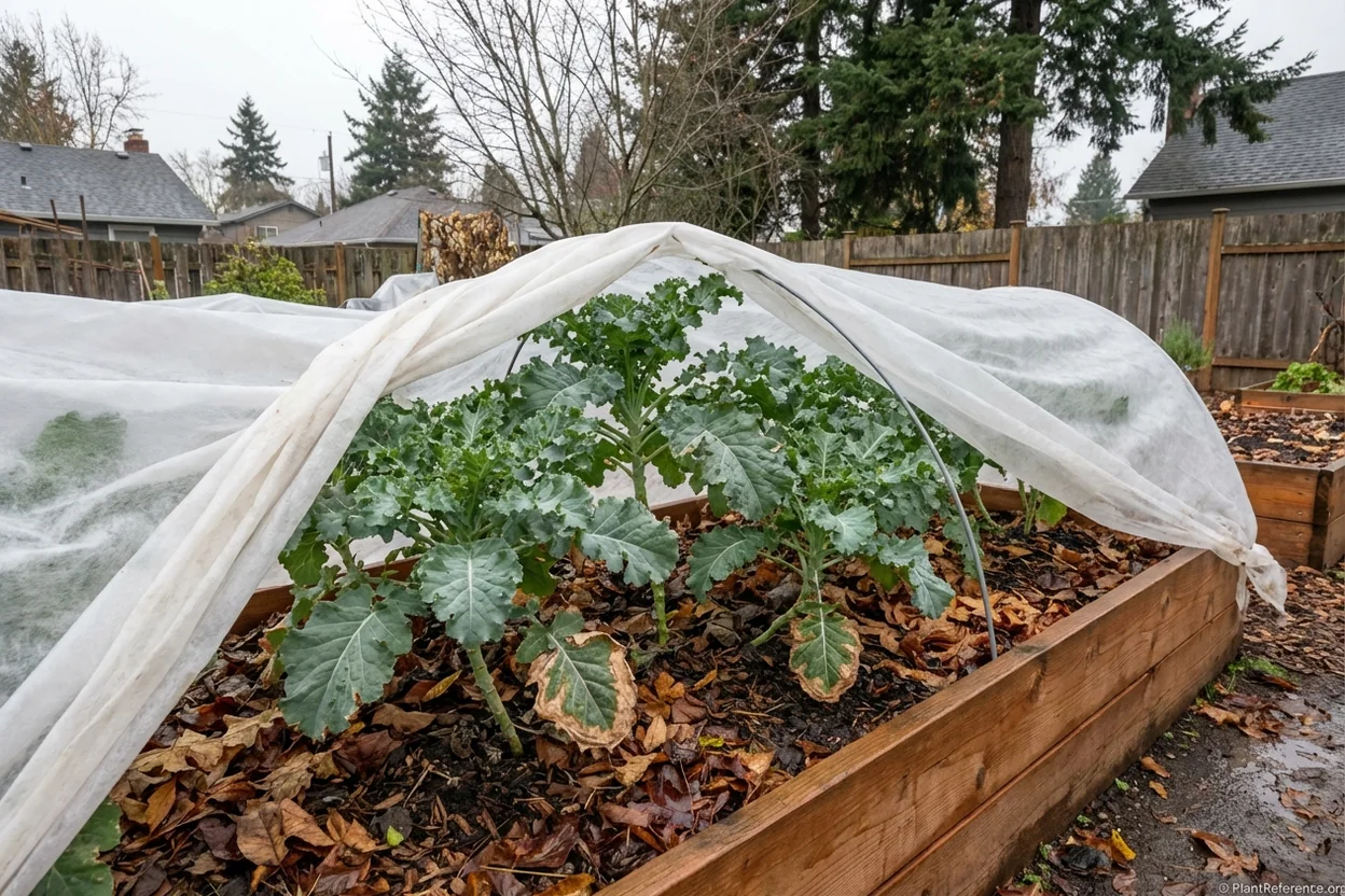 Winterbor kale surviving Portland winter under row cover protection in Zone 8b