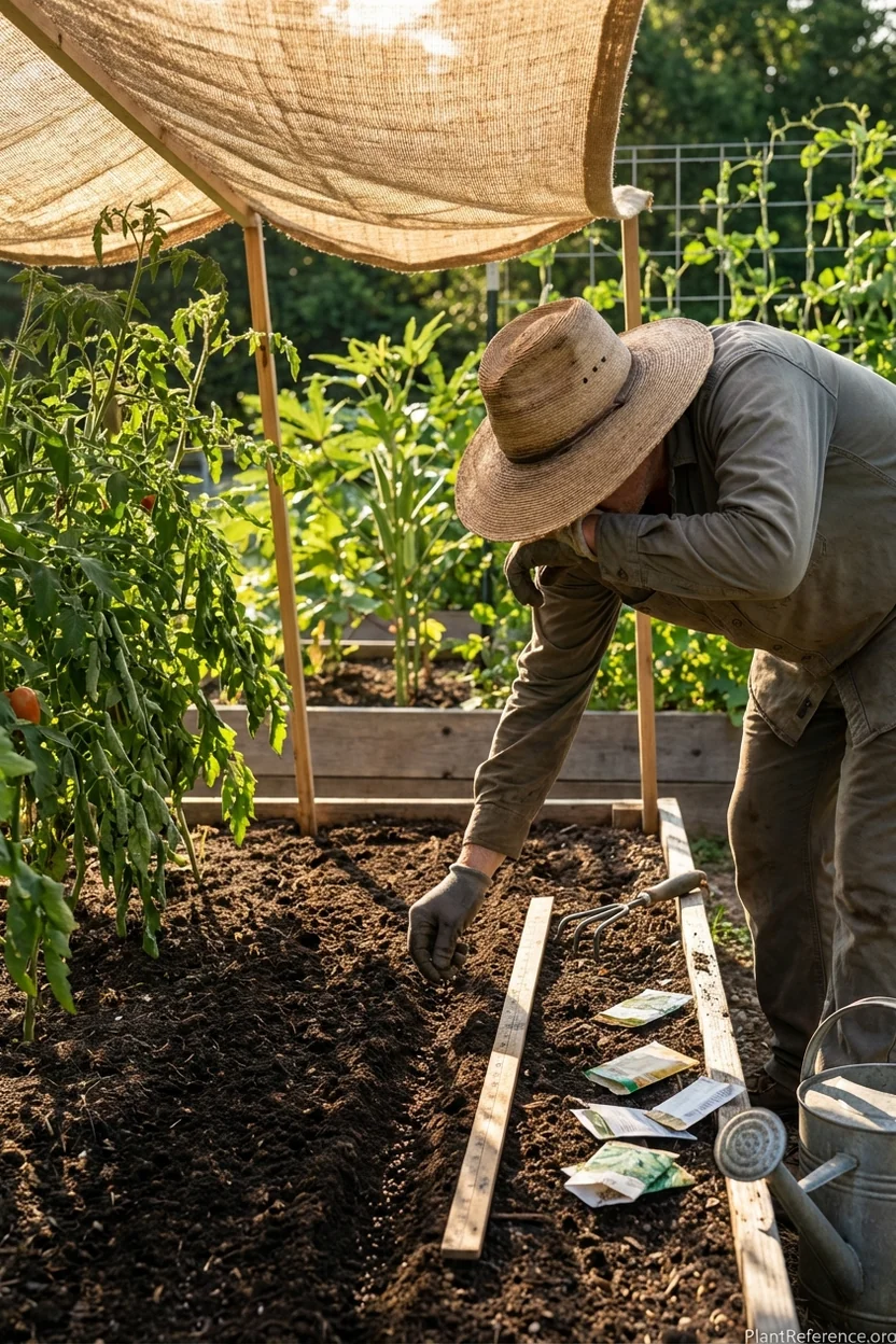 Direct sowing kale seeds in Raleigh garden bed during July with shade protection for fall crop