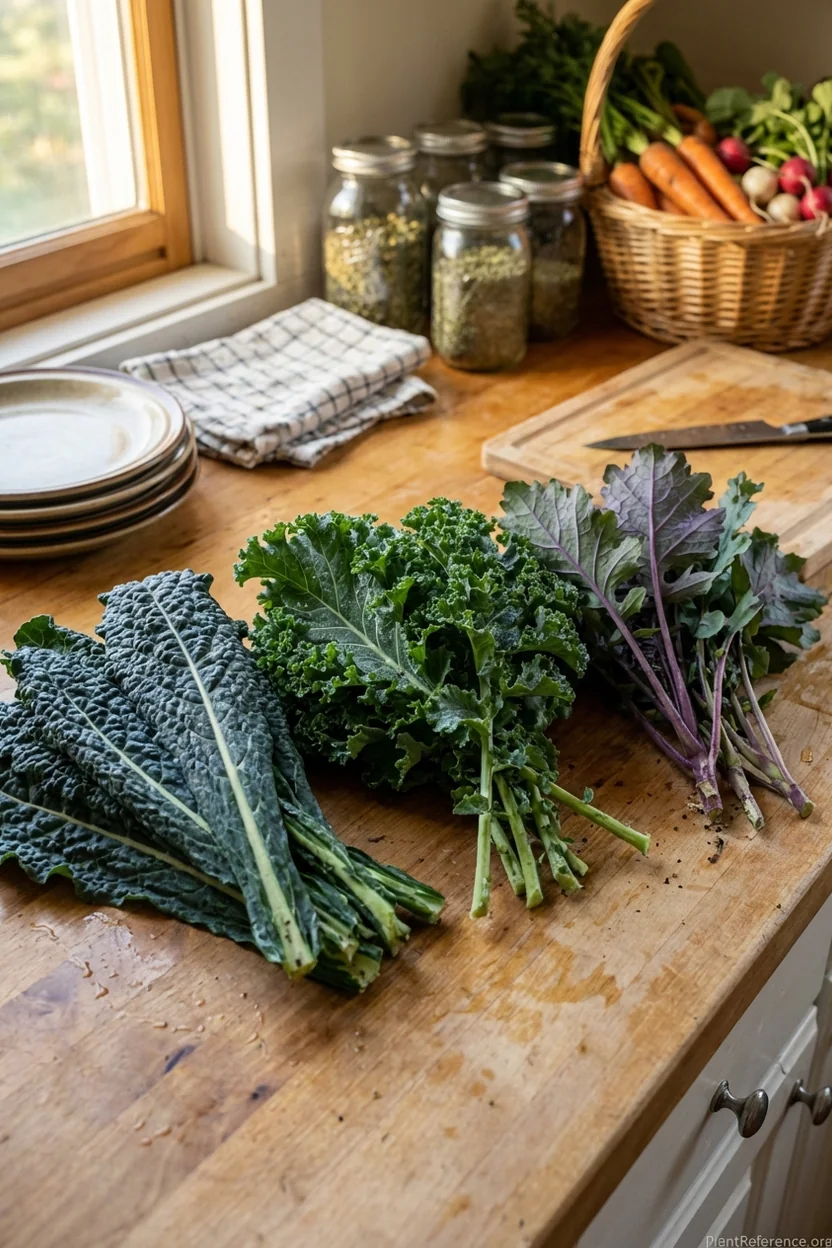 Fresh harvested kale varieties from Raleigh Zone 7b garden showing different leaf types and colors