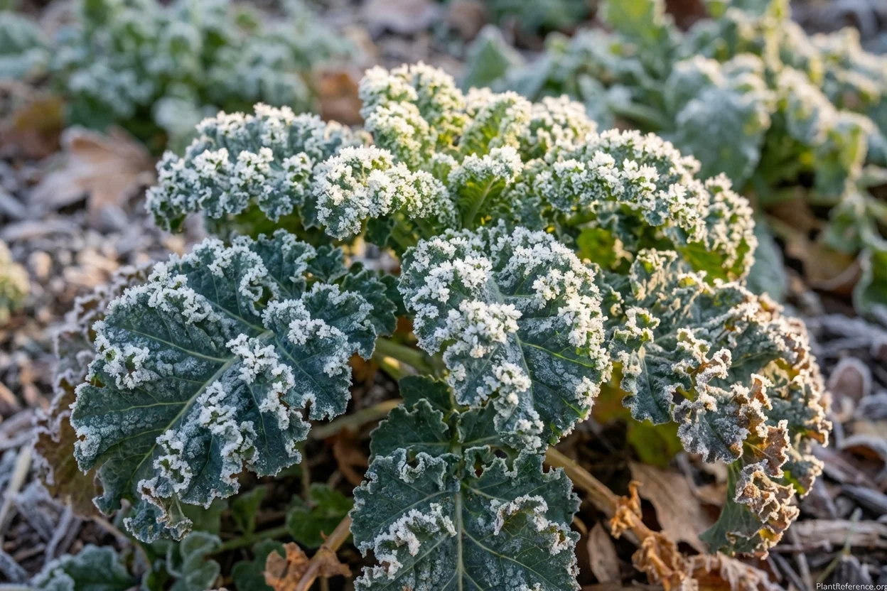 Winterbor kale leaves with morning frost showing cold hardiness in Raleigh Zone 7b garden