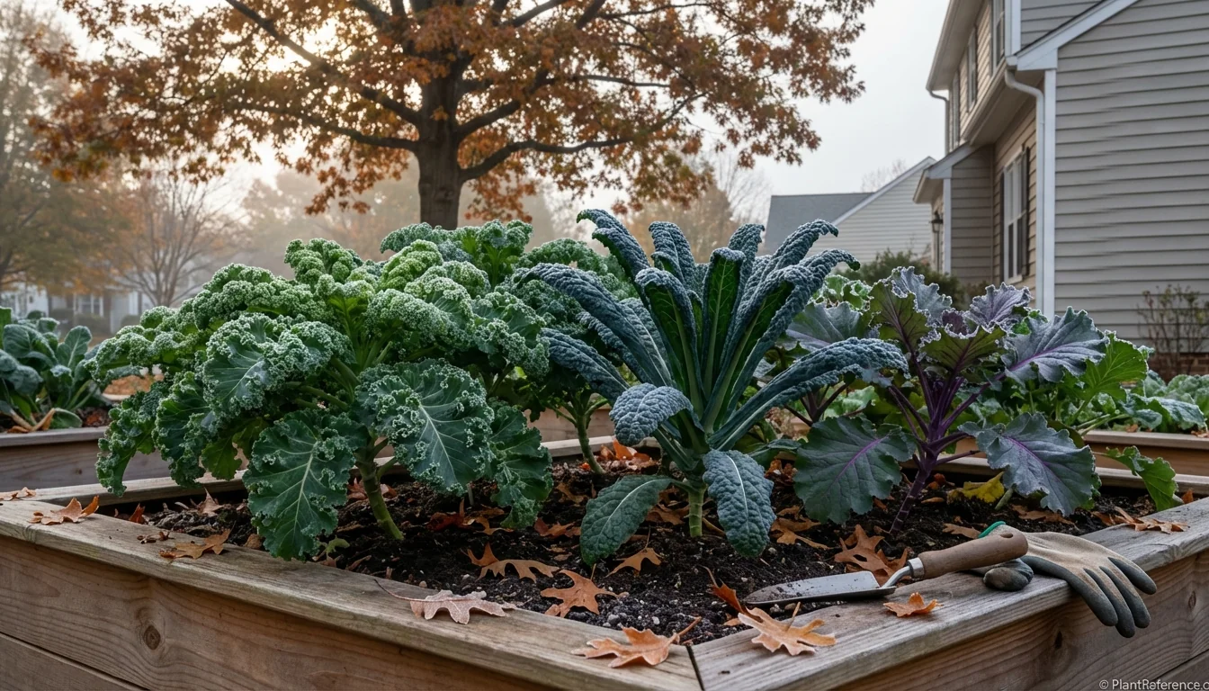 Healthy kale varieties growing in Richmond Virginia garden bed showing frost tolerance Zone 7b climate