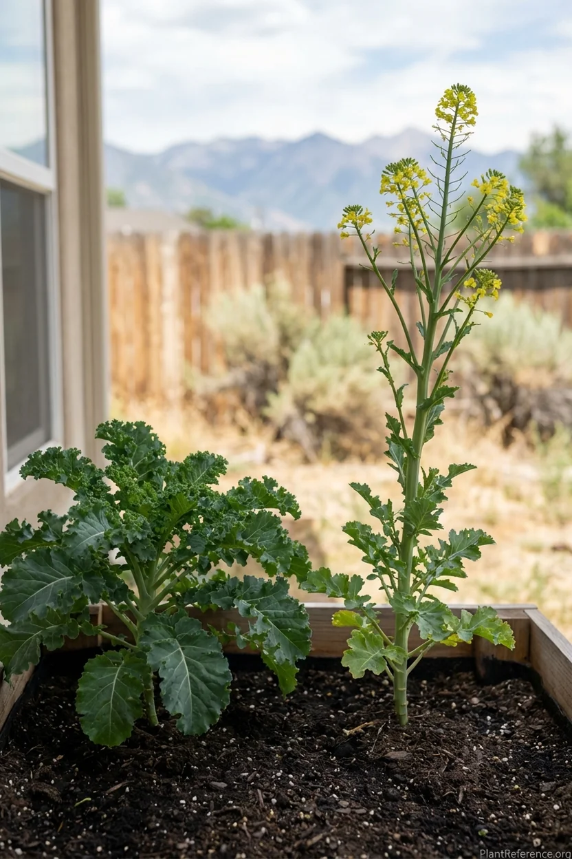 Healthy kale plant compared to bolting kale showing flowering stems in Salt Lake City garden