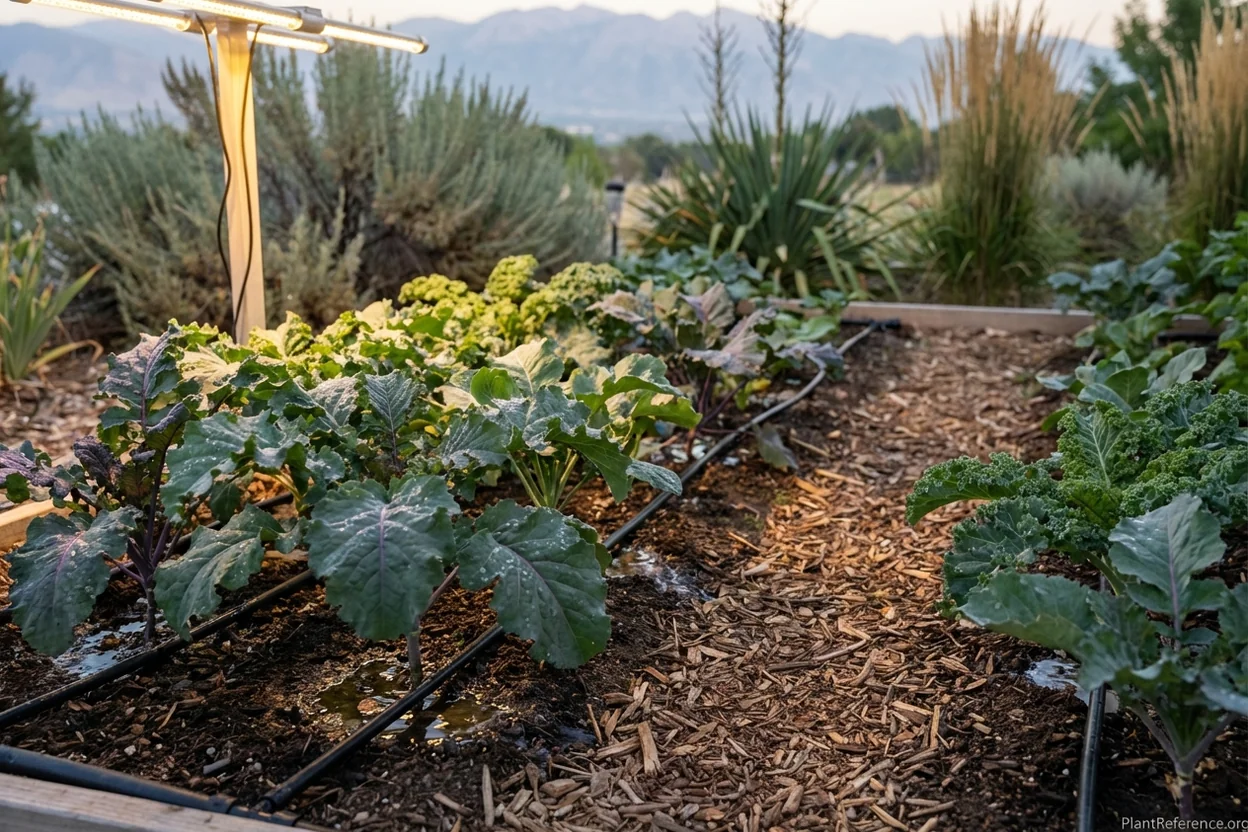 Drip irrigation watering kale plants in Salt Lake City mountain garden setting