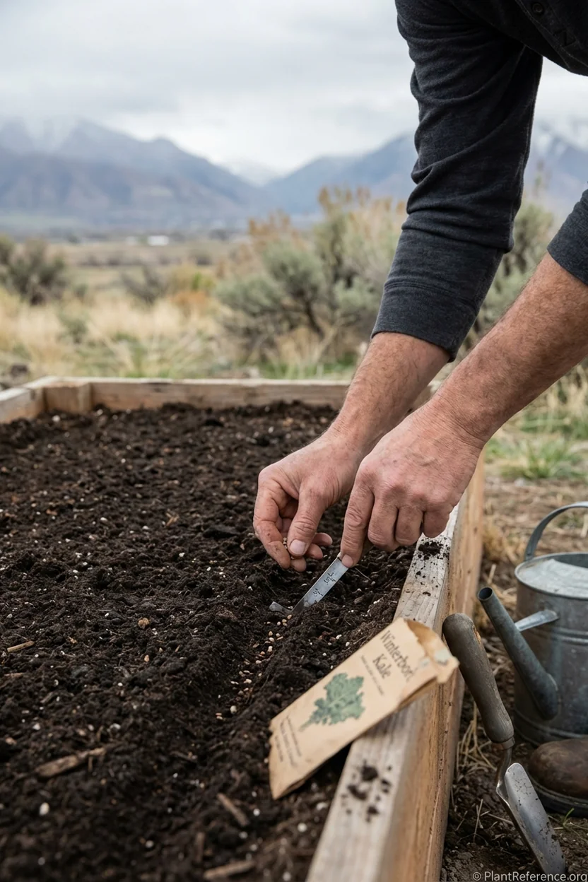 Hands planting kale seeds in Salt Lake City garden bed showing proper spacing and depth