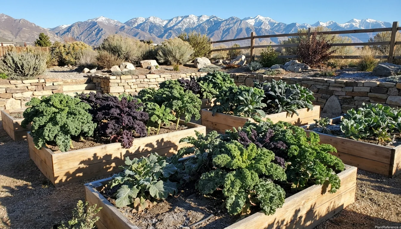 Kale plants growing in Salt Lake City garden with mountain backdrop showing Zone 7a growing conditions
